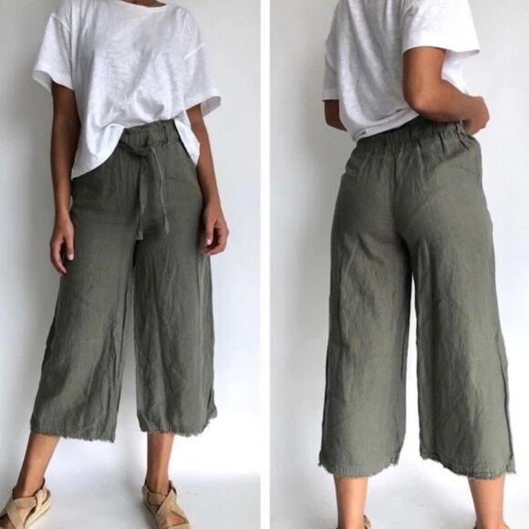 Anthropologie Cloth&Stone Green Linen Wide Leg Cropped Paperbag Waist Pants Sz.M - Picture 2 of 13